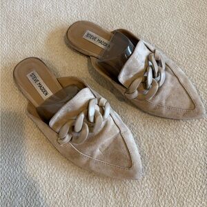 Steve Madden Cream Mules with Chain Accent pointed toe slides nude suede
